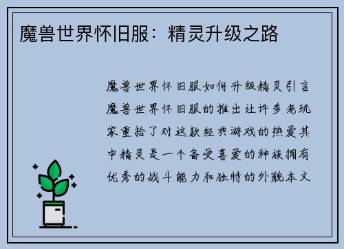 魔兽世界怀旧服：精灵升级之路